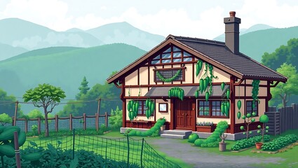 8-bit Japanese farmhouse with attached vegetable garden, featuring pixel-style cucumbers climbing netting, misty green hills behind