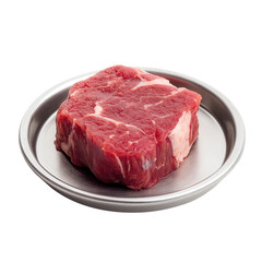 Obraz premium Fresh Uncooked Beef Steak on Metal Plate Isolated on White Background