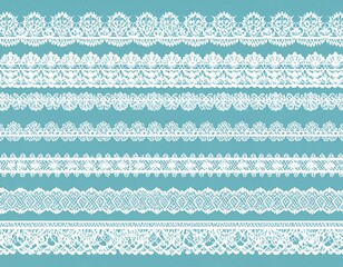 Elegant white lace trim patterns on a soft turquoise background showcasing intricate floral, geometric, and ornamental designs for fashion, craft, or decorative projects