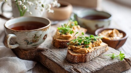rustic wooden board with slices of bread topped with creamy bean spread, decorated with fresh herbs, served with a bowl of paste and a cup of tea