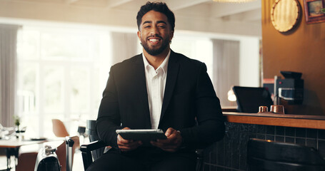 Portrait, tablet and business man in airport lounge for conference, check in and email...