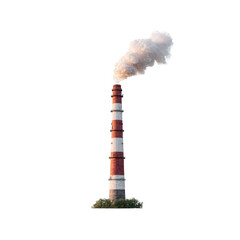 A red and white striped industrial chimney emitting white smoke against a white isolated background.