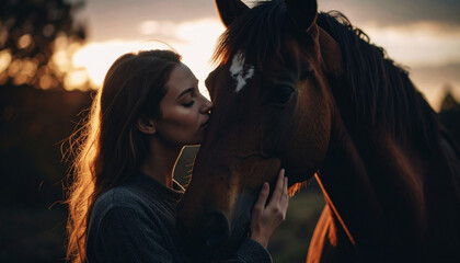 A young woman gently kisses a horse's face at sunset, capturing an intimate moment of trust and connection. The soft backlight highlights their bond in a serene countryside setting