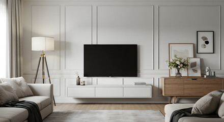 One-point perspective Scandinavian living area, center perspective, soft natural light