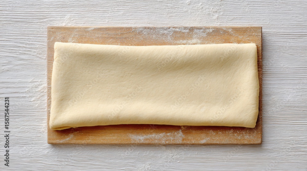 Poster top-down view of a perfectly rolled rectangular sheet of dough on a lightly floured wooden surface, 