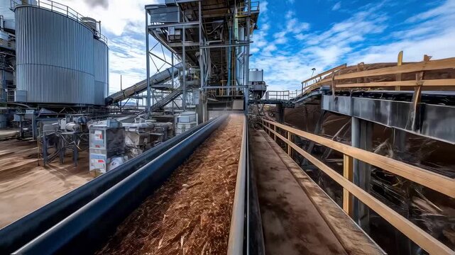 Indepth image of a conveyor belt system carrying woody biomass towards a pyrolysis reactor, ilrating the thermal decomposition process for biochar production.