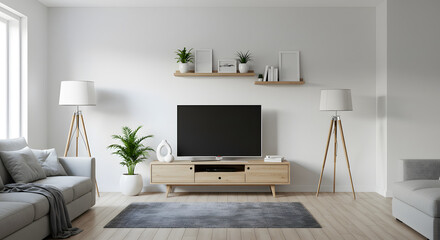 Bright Scandi family room, center perspective, soft natural light
