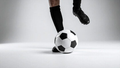 soccer player kicking ball, foot resting on a classic football, The player is wearing black socks with white stripes, soccer, sports training, competition, teamwork, and athletic footwear