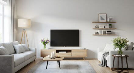 Cozy Scandinavian living area, center perspective, wooden flooring, natural sunlight