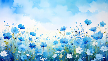 A vibrant meadow of delicate blue and white flowers blooming under a soft, pastel sky. The watercolor style evokes feelings of tranquility, springtime freshness, and natural harmony