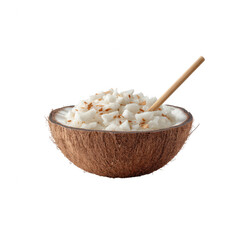 A rustic coconut bowl filled with fresh coconut meat, garnished with light coconut flakes, and a bamboo spoon. Perfect for tropical-themed dishes and healthy eating.