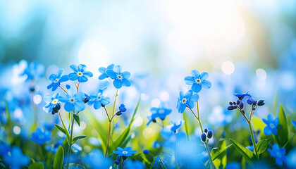 A vibrant meadow of delicate blue and white flowers blooming under a soft, pastel sky. The watercolor style evokes feelings of tranquility, springtime freshness, and natural harmony