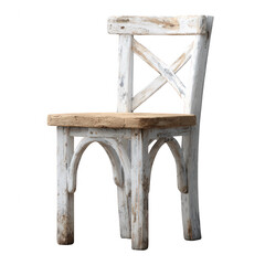 A rustic wooden chair with a white finish and natural wood seat, placed against a white isolated background, perfect for adding charm to any interior design or decor project.
