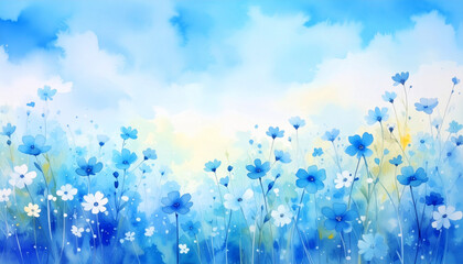 A vibrant meadow of delicate blue and white flowers blooming under a soft, pastel sky. The watercolor style evokes feelings of tranquility, springtime freshness, and natural harmony