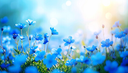A vibrant meadow of delicate blue and white flowers blooming under a soft, pastel sky. The watercolor style evokes feelings of tranquility, springtime freshness, and natural harmony