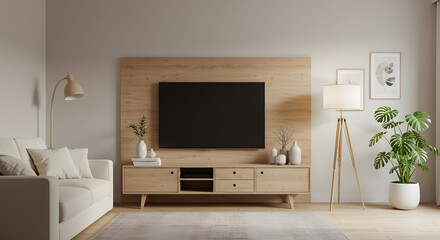 Bright Scandi family room, center perspective, wooden flooring, natural sunlight