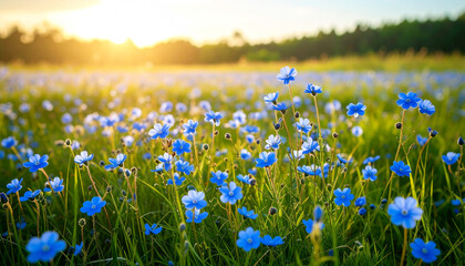 A vibrant meadow of delicate blue and white flowers blooming under a soft, pastel sky. The watercolor style evokes feelings of tranquility, springtime freshness, and natural harmony