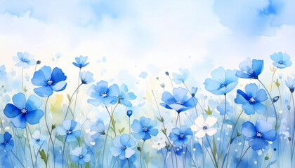 A vibrant meadow of delicate blue and white flowers blooming under a soft, pastel sky. The watercolor style evokes feelings of tranquility, springtime freshness, and natural harmony