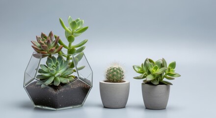 Succulent Plants in Geometric Glass and Porcelain Pots on Light Gray Background