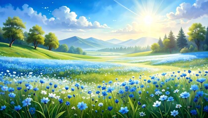 A vibrant meadow of delicate blue and white flowers blooming under a soft, pastel sky. The watercolor style evokes feelings of tranquility, springtime freshness, and natural harmony