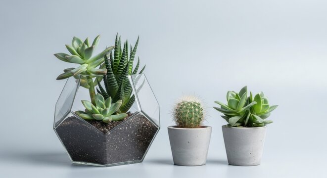 Succulent Plants in Modern Glass and Ceramic Pots on Light Background - Powered by Adobe