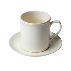 A simple white cup on a saucer, perfect for serving tea or coffee, placed elegantly on a white background.