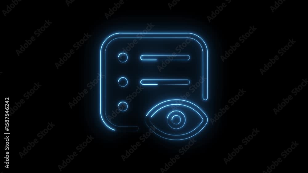 Poster neon list with eye icon animation on black background modern user interface design