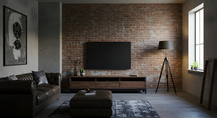 One-point perspective industrial family room, centered camera angle with TV