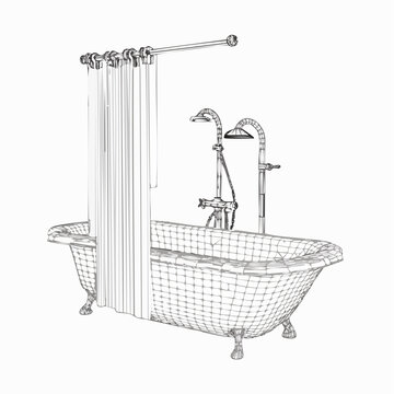 Detailed 3D sketch of a bathtub with a partially closed shower curtain, rendered cleanly in line.