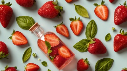 Vibrant Flat Lay of Fresh Strawberries and Basil in Glass Bottle on Light Blue Background