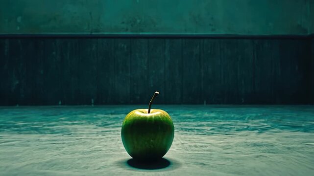 Single green apple on teal-toned floor in front of dark wooden wall