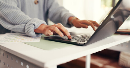 Hands, person and typing on laptop at house for accounting, finance report and budget planner....