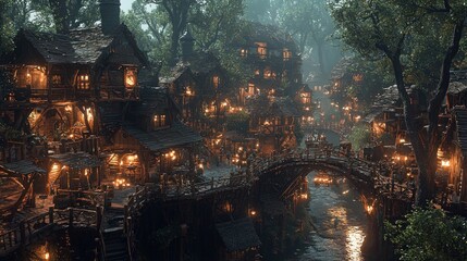 Medieval village nestled in a lush forest