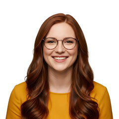 Obraz premium Smiling redhead woman wearing glasses against a dark, transparent background