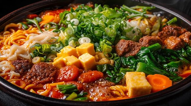 fusion hot pot with dumplings and cheese, modern hot pot ingredients, steaming noodle stew illustration transparent, cheese dumpling noodle bowl concept, trendy steaming soup fusion food art
