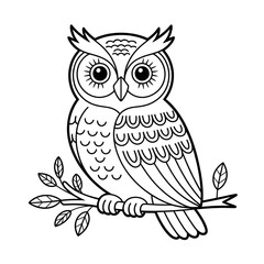 A black and white owl illustration line art of a coloring page 