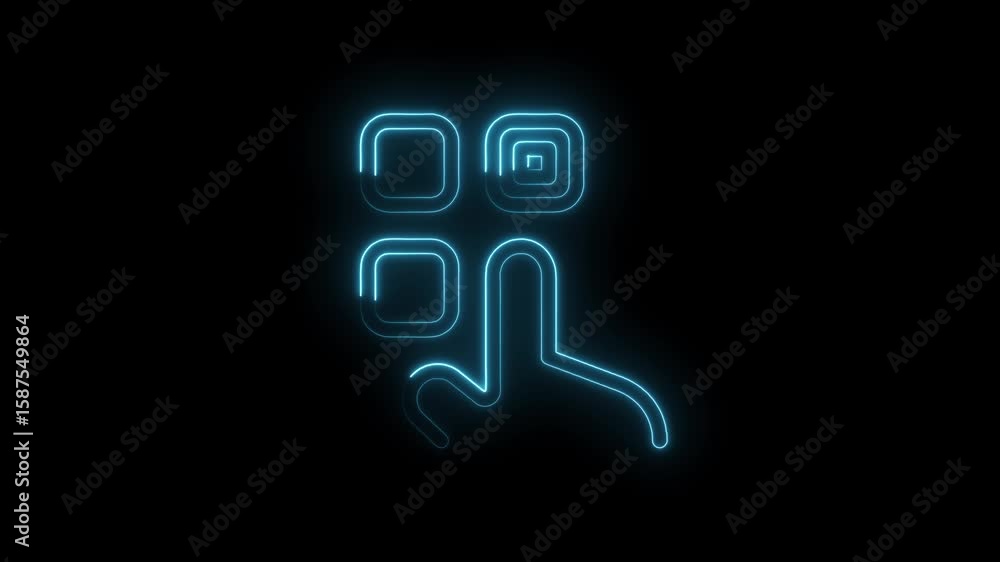 Poster neon grid and finger selection interface element with light blue glow on dark background