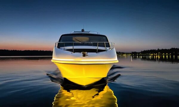 A boat on a calm body of water during sunset or sunrise, with the sky reflecting in the water.