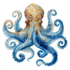 Obraz premium A single watercolor bright Folk Art-style dried octopus with blue rustic swirls