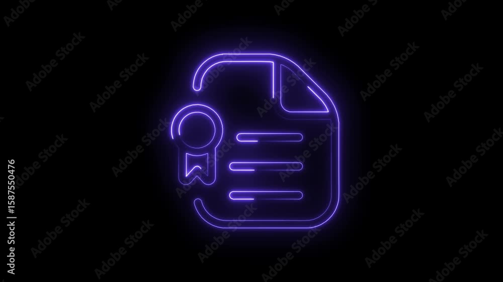 Poster glowing neon certificate icon animation with black background loopable design element