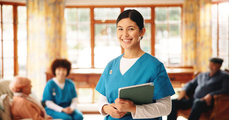 Woman, nurse and portrait with tablet in nursing home for schedule, rehabilitation agenda and...