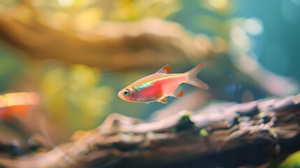 Vibrant neon tetra fish swimming gracefully in a sunlit aquarium