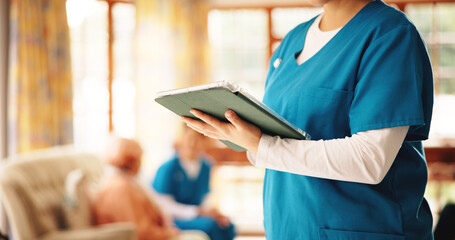 Woman, caregiver and hands with tablet in retirement home for schedule activities or healthcare....