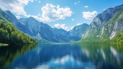 Fototapeta premium A tranquil lake with surrounding mountains under a bright blue sky