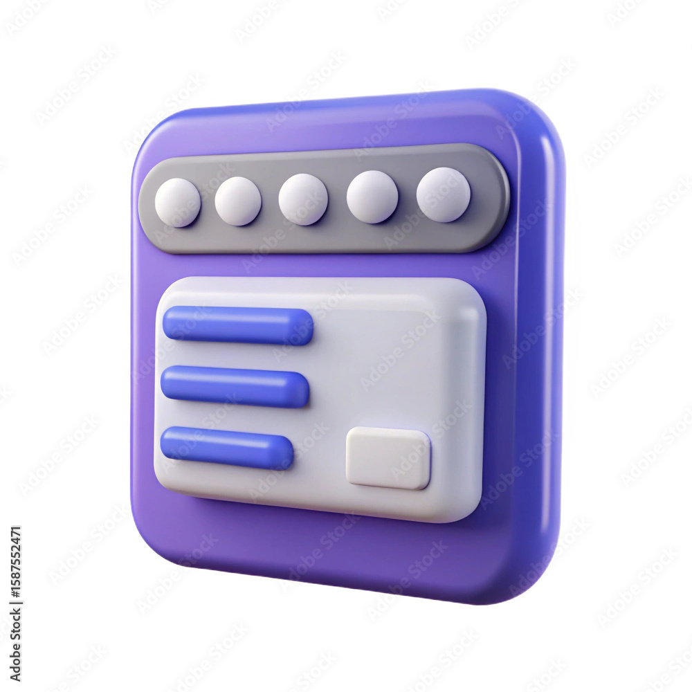 Aufkleber Modern 3d ui element with purple frame and white interface elements including buttons and list items isolated on white background