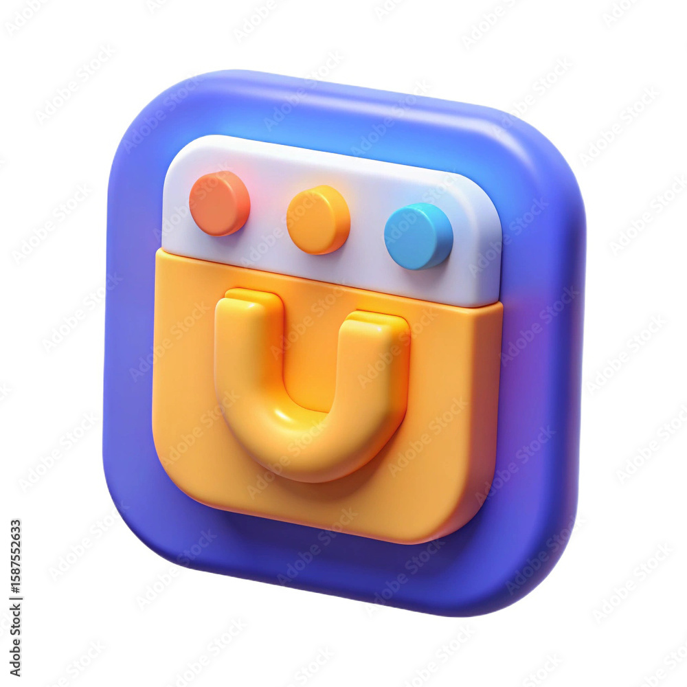 Poster stylized 3d icon resembling a shopping bag with three colorful buttons on a white background isolate