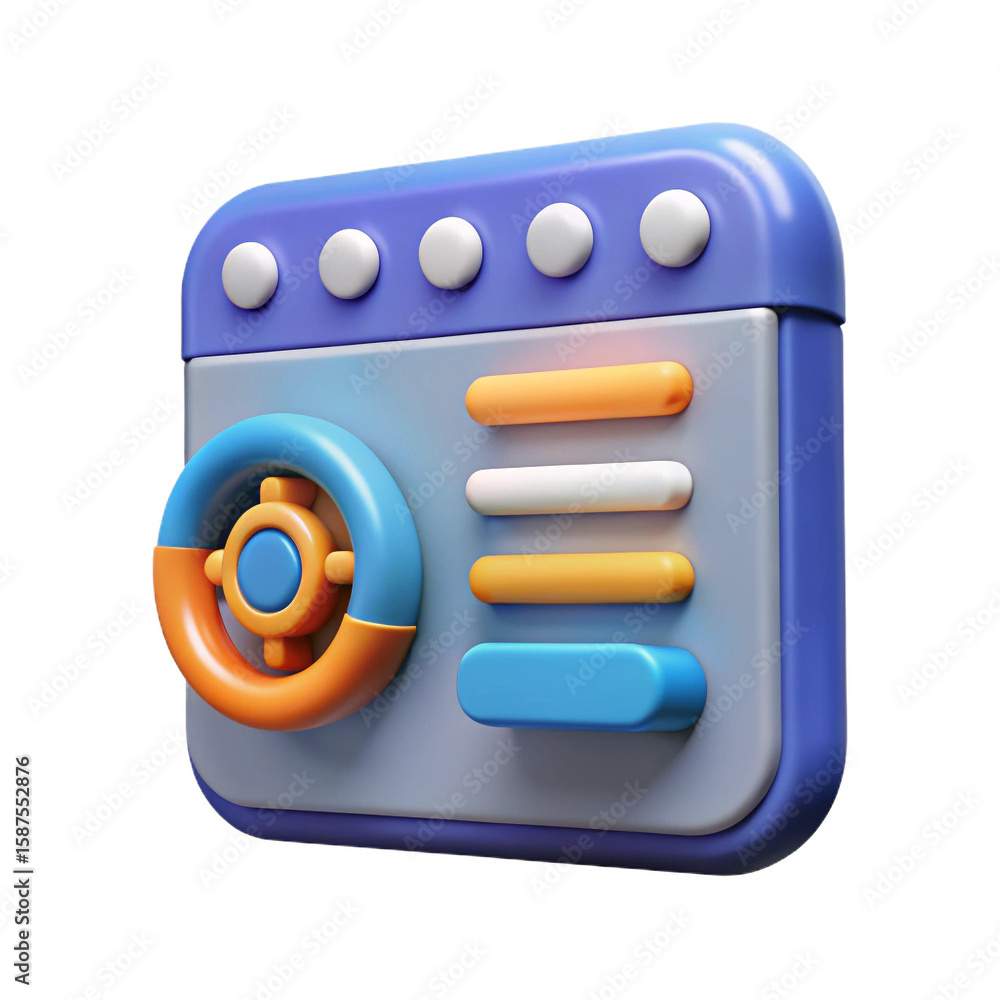 Poster stylized 3d icon representing a dashboard or control panel with a circular gauge and list items isol