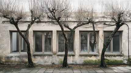 Bare trees fronting building windows architectural concept