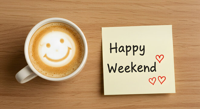 Cup of smile coffee with a note Happy Weekend
