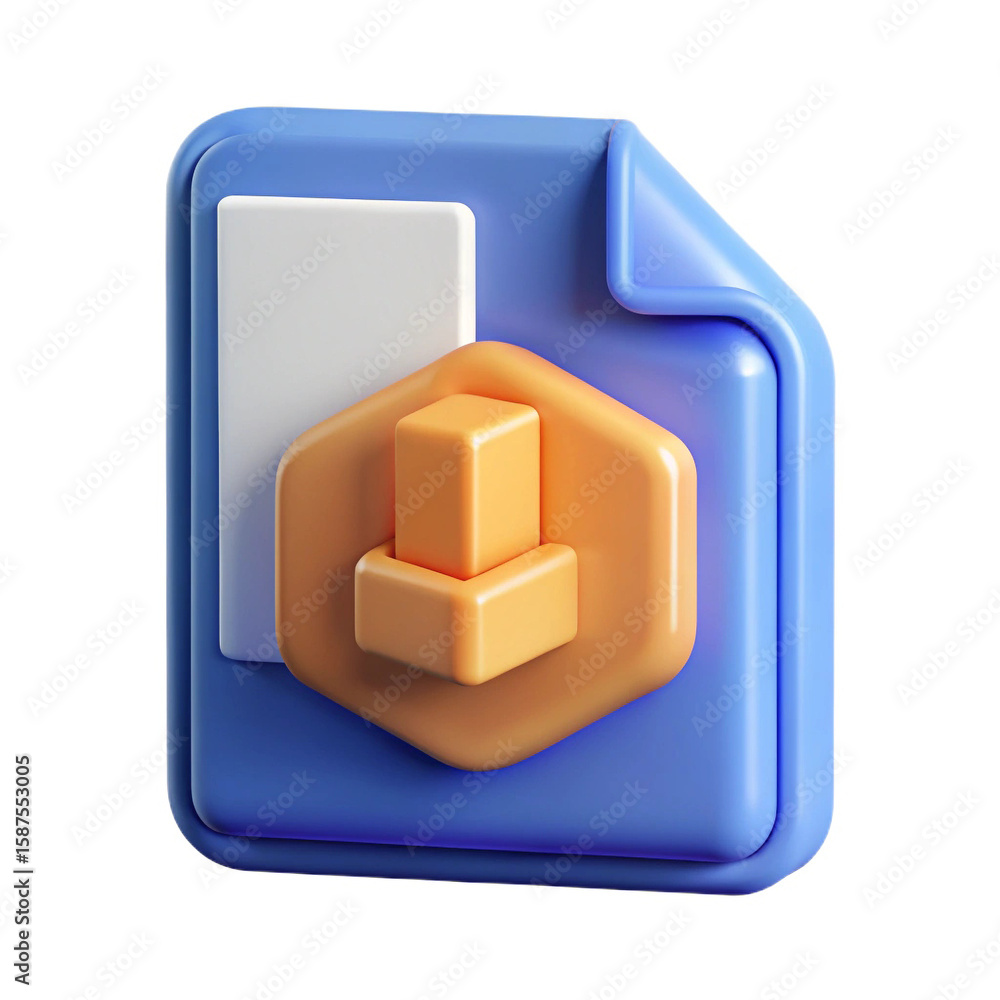 Poster stylized 3d icon representing a document with a geometric orange shape and stacked blocks inside iso